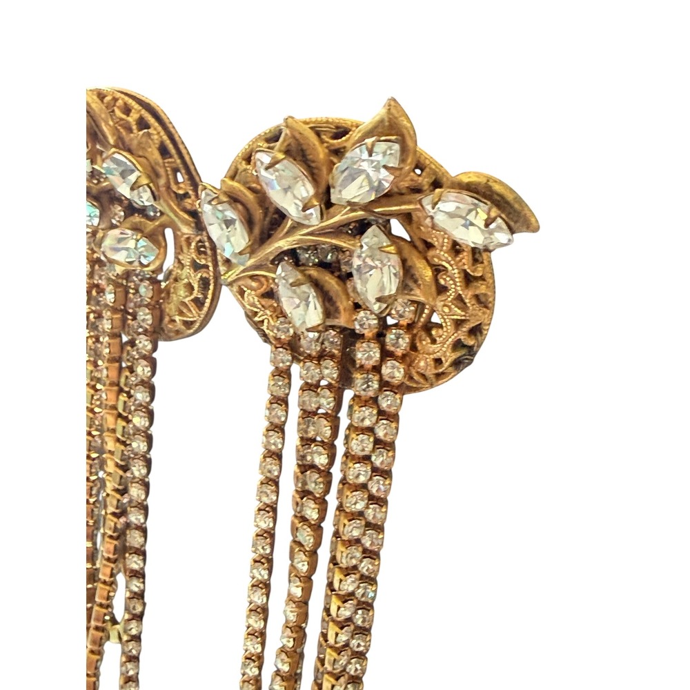 Vintage Miriam Haskell SIgned Gold Tone Rhinestone Waterfall Chandelier Earrings - Picture 4 of 11